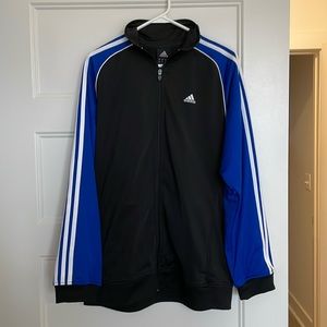 Adidas Men’s Workout Jacket - Black with Blue Sleeves and White Trim